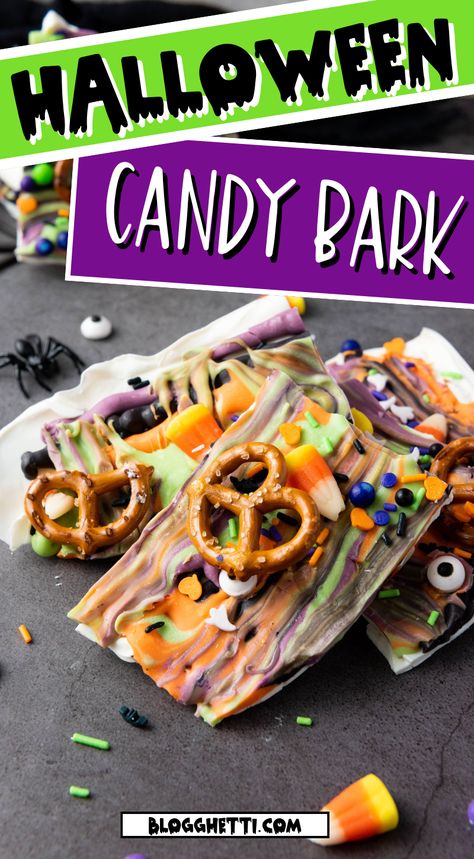 Indulge in a spooky and sweet Halloween treat! This colorful Candy Bark is a simple yet delicious dessert that's perfect for sharing with friends and family. Made with a rich chocolate base and adorned with a variety of Halloween-themed candies and salty pretzels for that sweet and salty factor, this bark is sure to be a hit at any party. Halloween Bark Candy, Halloween Candy Bark Recipes, Halloween Bark Recipes, Candy Bark Recipes, Halloween Candy Bark, Halloween Themed Snacks, Spooky Halloween Desserts, Halloween Bark, Monster Treats