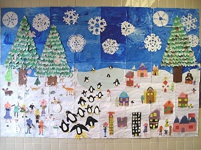 Winter Mural, Winter Displays, Winter Display, Elementary Art Rooms, Winter Art Lesson, Tree Collage, Collaborative Art Projects, Winter Art Projects, School Murals