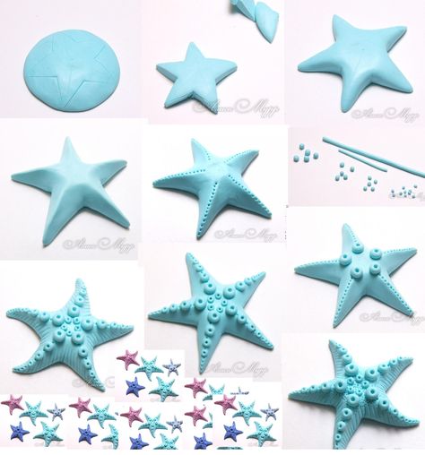 Polymer clay sea star tutorial Kue Fondant, Cercei Din Lut Polimeric, Mermaid Birthday Cakes, Fondant Animals, Fondant Tutorial, Tanah Liat, Fondant Decorations, Mermaid Cakes, Polymer Crafts