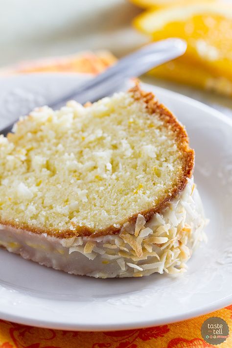 Rich and full of orange and coconut flavors, this Coconut Orange Pound Cake takes a classic recipe and gives it is tropical makeover. Orange Coconut Cake, Peach Cobbler Pound Cake Recipe, Coconut Pound Cake, Coconut Pound Cakes, Taste And Tell, Orange Pound Cake, Nice Recipes, Cake Tasting, Pound Cake Recipes