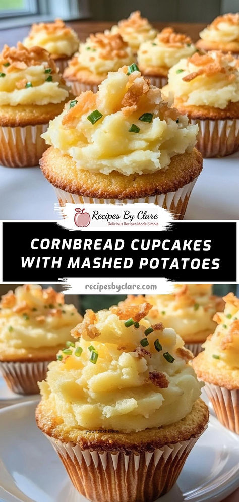 Looking for a unique side dish? Try these cornbread cupcakes topped with mashed potatoes! A fun and flavorful way to serve a classic combination.

Ingredients:

1 cup cornmeal
1 cup milk
2 tbsp butter
Optional: Chopped chives and crumbled bacon
Serve these savory cupcakes as a unique side dish that pairs perfectly with your favorite meals. Cornbread Cupcakes, Cupcake Recipes Unique, Potatoes And Bacon, Savory Cupcakes, Savory Cornbread, Unique Side Dishes, Unique Appetizers, Cornbread Easy, Unique Cupcakes