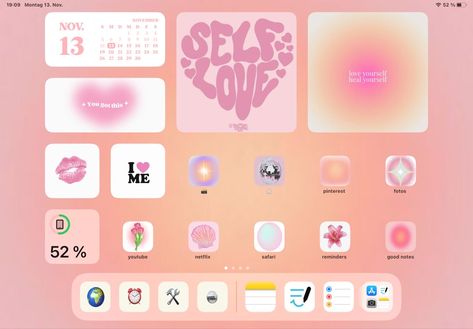 Pink Ipad Theme Ideas, Ipad Screen Layout Ideas, Pink Ipad Setup Homescreen, Ipad Widget Theme, Widgets Aesthetic Ipad Ideas, Ipad Home Screen Layout Pink, Coquette Ipad Homescreen Ideas, Ipad Homescreen Ideas Pink Widget, Ipad Set Up Aesthetic