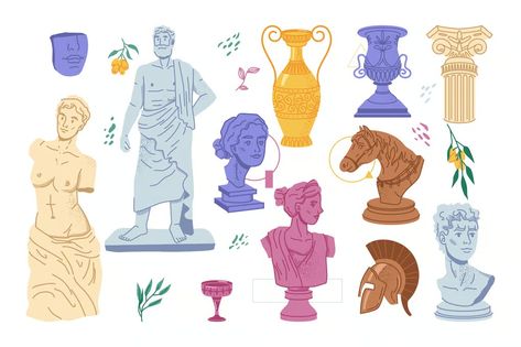 Ancient greek marble statues, vase and helmet icon, Objects ft. greek & sculpture - Envato Statues Illustration, Temple Illustration, Roman Temple, Greek Helmet, Sculpture Museum, Greek Tradition, Greek Statues, Draw Shapes, Antique Statue