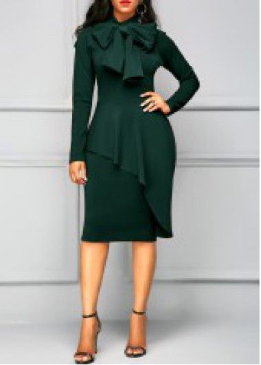 Dark Green Tie Neck Peplum Waist Dress Fashion Dresses Online, Women Bodycon Dress, Dress Bodycon, Tie Neck, Modest Dresses, African Dress, Street Styles, Look Fashion, Women's Fashion Dresses