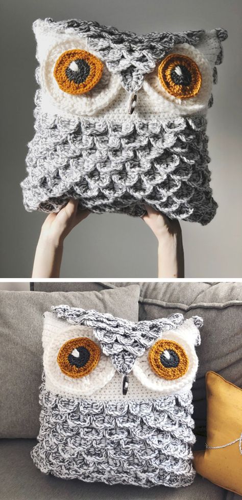 Free Crochet Pattern Owl Pillow Pattern, Crochet Owl Pillows, Owl Throw Pillows, Owl Cushion, Crochet Owls, Owl Crochet Patterns, Gifts Crochet, Crocodile Stitch, Crochet Cushion Cover