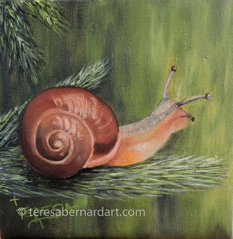 nature art, snail painting, oil painting, Teresa Bernard Snail Painting Easy, Snail Painting Acrylic, Snails Painting, Slug Painting, Library Forest, Manatees In Florida, Snail Painting, Florida Manatees, Tropical Mural