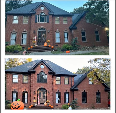 Black gutters, black metal fascia and trim. Brick House Black Trim, Black Gutters Red Brick House, Red Brick And Black Exterior, Red Brick House Exterior, Brown Brick, Exterior House Color, Red Brick House, Brick Exterior House, Black Exterior