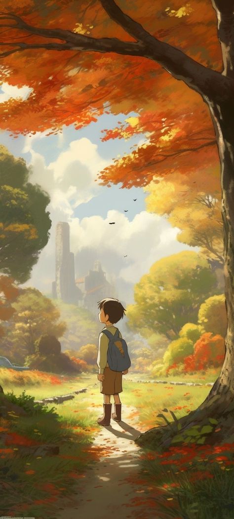 Delight in this charming illustration of a six-year-old boy in the heart of an autumnal woodland, observing birds and squirrels amidst vivid foliage. Embrace the enchanting atmosphere with acorns, branches, and warm hues, as crisp air surrounds a magical, colorful realm. Perfect for a mobile wallpaper or background. #Aesthetic #Autumn #Anime #Wallpaper #Bright #Nature Autumn Anime Wallpaper, Calm Scenery, Bright Nature, Lock Screen Iphone, Aesthetic Lock Screen, Autumn Phone Wallpaper, Aesthetic Digital Art, Wallpaper Bright, City Picture