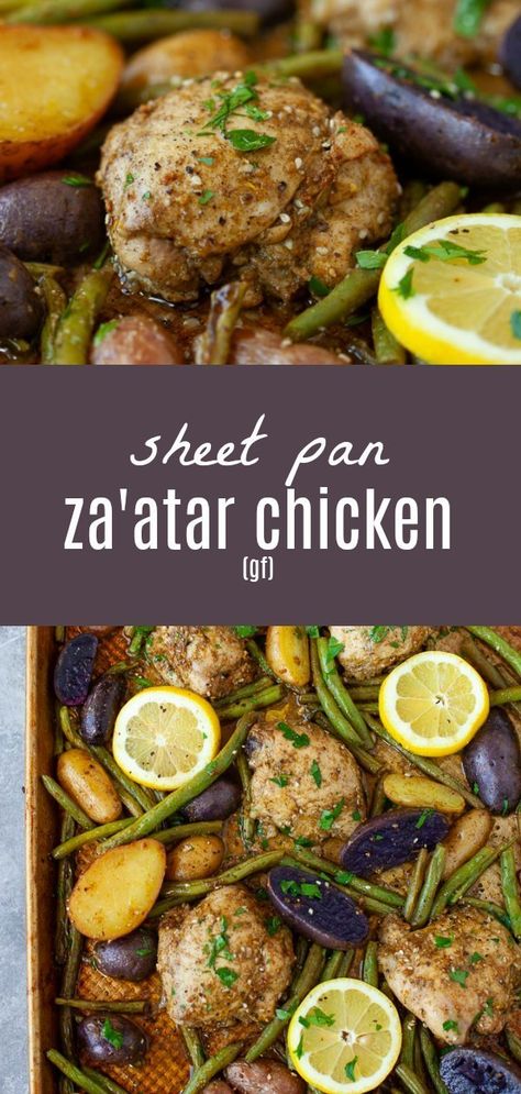 Sheet Pan Chicken And Potatoes, Shabbat Meals, Zatar Recipes, Halloumi Recipes, Nourishing Dinner, Zaatar Chicken, Zaatar Recipe, Chicken With Potatoes, Potatoes And Green Beans