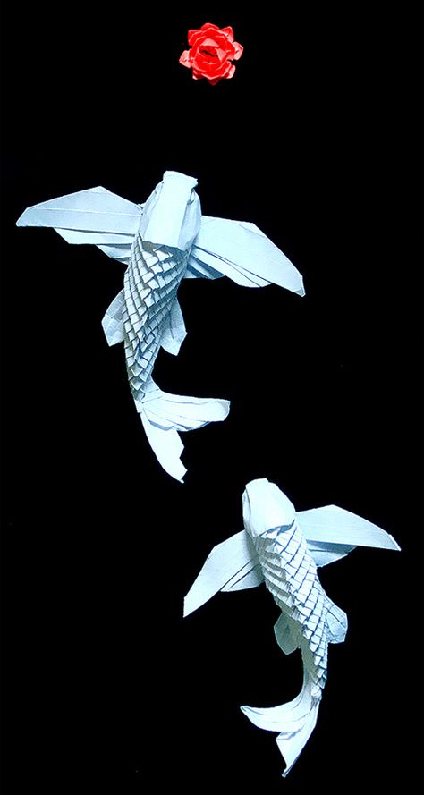 Koi fish flying origami artwork paper design Origami Tattoo, Paper Folding Art, Origami Paper Folding, Paper Fish, Wet Paper, Tutorial Origami, Origami Artist, Origami Fish, Origami Ideas