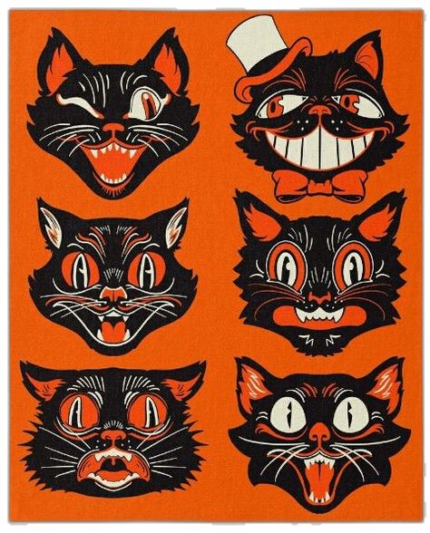 Halloween Vintage Postcards, Vintage Halloween Cat Art, Vintage Halloween Folk Art, 50s Halloween Decorations, Vintage Halloween Painting Ideas, Old School Halloween Aesthetic, Vintage Halloween Cutouts, Cats With Pumpkins, Vintage Cat Costume