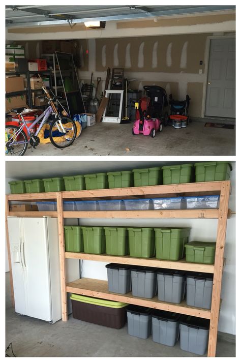 Open shelving in a garage is a great storage solution for big tubs filled with… Garage Organization Tips, Garage Organisation, Garage Storage Shelves, Shed Organization, Garage Remodel, Garage Organize, Basement Storage, Garage Shed, Diy Garage Shelves