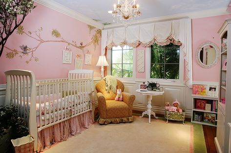 Tustin Mediterranean (+4) images | Interiors Remembered Pink Nursery Room, Pink Baby Nursery, Girls Bedroom Themes, Girl Nursery Room, Nursery Room Design, Contemporary Modern Furniture, Girl Bedroom Designs, Baby Room Design