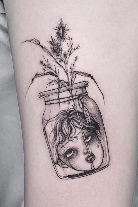 Small Creepy Tattoos For Women, Melting Flower Tattoo, Creepy Garden Tattoo, Weird Nature Tattoos, Weird Flower Tattoo, Creepy Nature Tattoo, Plant Head Tattoo, Creepy Floral Tattoo, Jar Tattoo Design