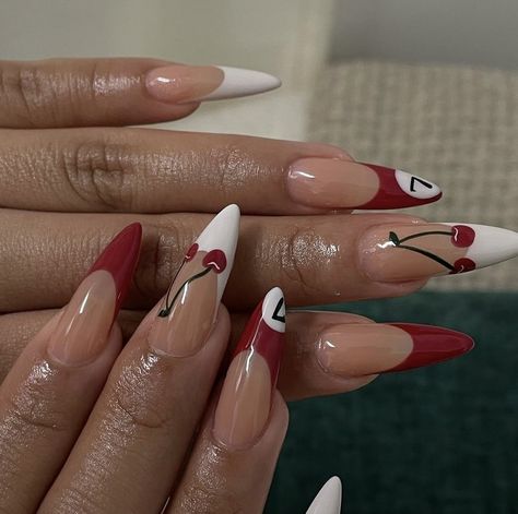 Almond Acrylic Nails Cherry, Coffin Cherry Nails, Red And White Aura Nails, Red Vegas Nails, Red Cherry Nail Designs, Red French Tip Nails Design, Red Nails With Cherry, Cherry Red Nails Design, Billiard Nails