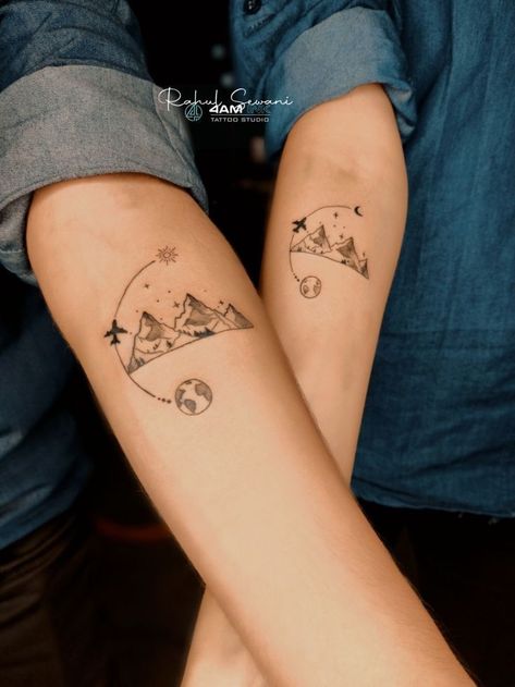 Airplane Couple Tattoo, Travel Couple Tattoo Ideas, Explore The World Tattoo, Mountain Tattoo Couple, Couples Travel Tattoos, Couple Travel Tattoos, Travel Buddy Tattoos, Couple Mountain Tattoos, Day And Night Tattoo Ideas