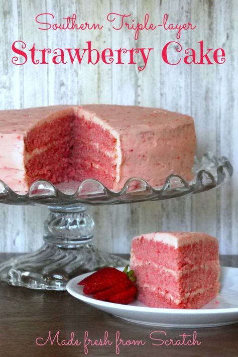 Southern Triple-layer Fresh Strawberry Cake from Scratch | The Good Hearted Woman Strawberry Cake From Scratch, Strawberry Layer Cakes, Homemade Strawberry Cake, Strawberry Buttercream Frosting, Strawberry Cake Easy, Buttercream Frosting Cake, Fresh Strawberry Cake, Cake From Scratch, Boxed Cake