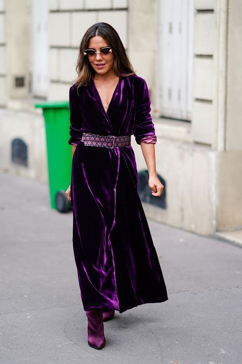 STYLECASTER | Chicest Ways to Wear Velvet Now Fashion Trending Moodboard, December Outfits, Mode Kimono, Long Sleeve Velvet Dress, Velvet Clothes, Velvet Fashion, Purple Velvet, Vestido Casual, Purple Rain