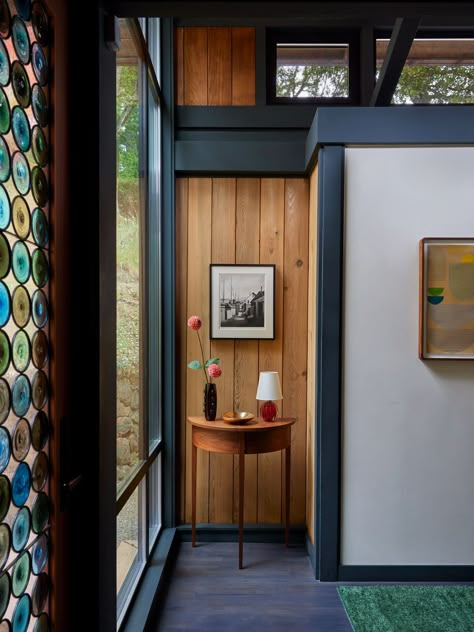 Josef Frank Wallpaper, Glass Tile Fireplace, Refinished Floors, Scandinavian Summer House, Heath Ceramics Tile, Alex Riley, Commune Design, Tomales Bay, Bedroom Design Trends