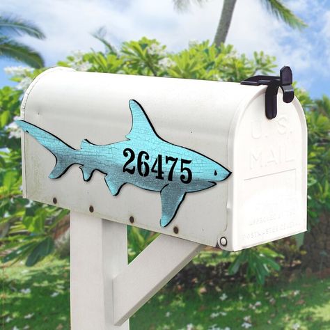 Designocracy Shark House Door Wall Mailbox Address Number 1-Line Plaque, Coastal Decor Sign | Wayfair Signs For Beach House, Coastal Mailbox, Nautical Mailbox, Wall Mailbox, Clubhouse Ideas, Painted Mailboxes, Mailbox Address, Lake Ideas, House Address Sign