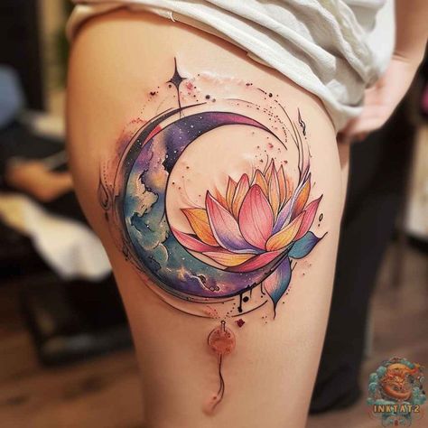 Mystical Moon and Lotus Tattoos: Unveiling the Symbolism and Beauty: 93 Designs - inktat2.com Moon And Lotus Tattoo, Purple Lotus Tattoo, Lotus Tattoos, Upper Thigh Tattoos, Small Phoenix Tattoos, Phoenix Tattoos, Tattoo 2024, Lotus Tattoo Design, Lady Bug Tattoo