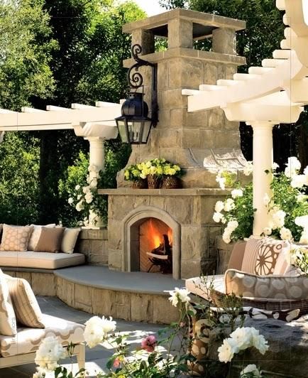 Backyard Fireplace Patio, Fireplace Pergola, Backyard Entertaining Space, Rustic Outdoor Fireplaces, Backyard Plans, Outdoor Stone Fireplaces, Fireplace Outdoor, Diy Outdoor Fireplace, Diy Backyard Patio