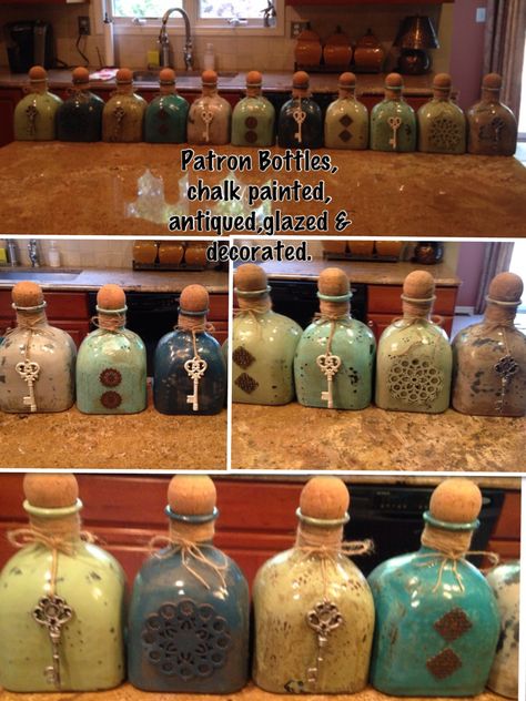 Chalk painted bottles Painting Liquor Bottles, Patron Bottle Crafts, Crown Bottles, Patron Bottles, Wine Bottle Project, Patron Bottle, Liquor Bottle Crafts, Decorated Bottles, Craft Closet