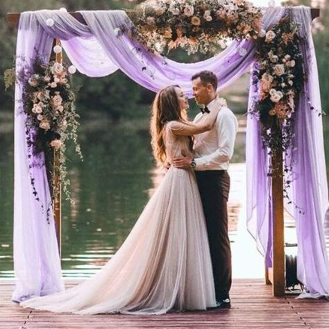 PRICES MAY VARY. ❤Wedding Arch Drapes: 2 panels of Lavender chiffon arch drapery, each size is 29" width by 216" length(18 Feet). 6 yards chiffon wedding drapes are long enough for size of arch to create eye catching party decorations.Chiffon arch drapes are 2 panels in a pack. 2 wedding arch drapes in a package. Those sheer draping fabric are good choice to decorate your wedding arch. ❤Chiffon Arch Drapery: The material of our wedding arch draping fabric is high-grade semi-sheer chiffon fabric. Purple Wedding Gazebo, Purple And Navy Blue Wedding Party, Blush Pink And Navy And Lavender, Floral Wedding Arch With Lights, Draping Fabric Wedding Arch, Moon Arch Wedding Flowers, Navy And Purple Shades Wedding, Navy And Purple Shades Wedding Theme, Wedding Arch Floating Flowers