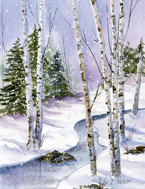 "Title:  Snowy Birches    The landscape is transformed into a magical winter wonderland, with every detail delicately painted  to evoke the tranquil stillness of the season.    The frozen stream takes center stage, its icy surface capturing the quiet grace of winter. You can almost hear the soft crunch of snow underfoot as you gaze at this enchanting scene. This New England watercolor print is made from my original watercolor painting. Matted to size 14 x 11\" in a white mat, backing board and clear sleeve.(actual print size is 8.5x11) Professional quality archival inks on acid free paper." Watercolor Snow Scenes, Watercolor Birch Trees, Snow Landscape Painting, Stream Painting, Winter Landscape Art, New England Winter, Winter Scene Paintings, Birches Painting, Landscape Painting Watercolor