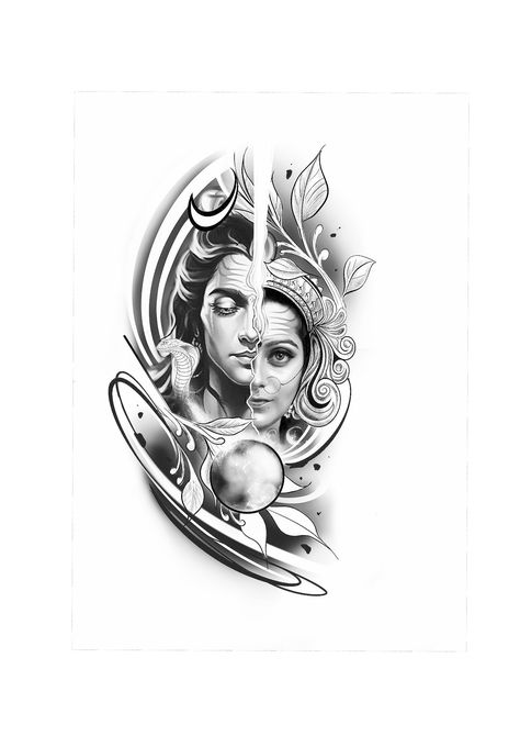 Ardhanarishvara Shiva Shakti Sketch, Hanuman Face Tattoo, Mahadev Portrait, Shiv Tattoos, Devotional Tattoo, Shiva Face, Kali Tattoo, Hanuman Tattoo, Trishul Tattoo Designs