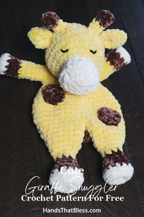 Cute Giraffe Snuggler Crochet Pattern For Free - Hands That Bless Crochet Giraffe Free Pattern, Crochet Snuggler Pattern, Snuggler Crochet Pattern, Snuggler Pattern, Crochet Snuggler, Crochet Lovey Free Pattern, Crochet Giraffe, Giraffe Head, Giraffe Crochet