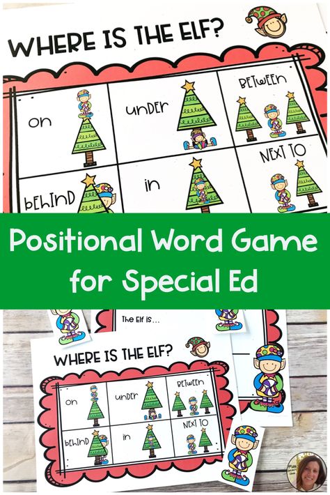 Christmas Positional Words Preschool, Christmas Crafts Special Education, Elf Math Activities, Christmas Activities For Special Education, Special Education Christmas Activities, Christmas Special Education Activities, Elf Preschool Activities, Christmas Prepositions, Positional Words Preschool