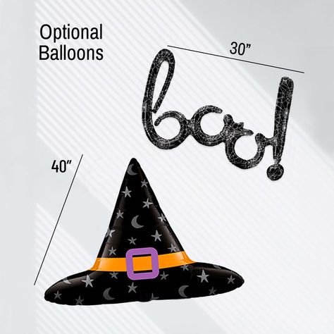 witch hat and boo text mylar balloons Halloween Balloon Arch, Pastel Balloon Garland, Halloween Balloon Garland, Monster Balloons, Halloween Party Backdrop, Marble Balloons, 30 Balloons, Halloween Balloon, Transparent Balloons