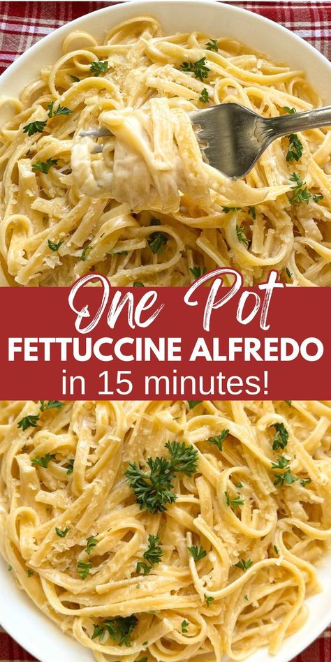 Add one pot fettuccine alfredo pasta with 4 ingredients in 15 minutes. It's perfect for quick and easy dinners. Use fettuccine noodles or your favorite pasta with lots of surface area for creamy sauce. Cooking everything in a single pot allows the pasta's own starch to thicken the sauce's consistency so you don't need to keep vigil over the pan. The whole family will love this easy recipe that is perfect for special occasions and busy weeknights. One Pot Fettuccine Alfredo, Leftover Fettucini Noodles, Fettucini Noodles Recipes, Fettucini Pasta Recipe, One Pot Creamy Pasta, Instant Pot Fettuccine Alfredo, Easy Fettucini Alfredo, Easy Chicken Fettuccine, Fettucini Alfredo Recipe