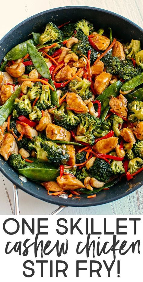 This One Skillet Cashew Chicken Stir Fry is the perfect weeknight meal that is quick and easy to make, full of fresh veggies and tossed together in a delicious homemade peanut sauce! Healthy Cashew Chicken Stir Fry, Homemade Cashew Chicken, Meal Prep Stir Fry Healthy, Chicken Broccoli Cashew Stir Fry, Healthy Asian Stir Fry, High Protein Chicken Stir Fry, Chicken And Cashew Stir Fry, Cashew Chicken And Broccoli, Quinoa Stir Fry Recipes Chicken