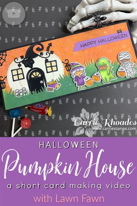 Lawn Fawn Pumpkin House, Lawn Fawn Halloween, Making Christmas Cards, Pumpkin House, Card Making Videos, Lawn Fawn Cards, I Am Back, Thanksgiving Cards, Christmas Cards To Make