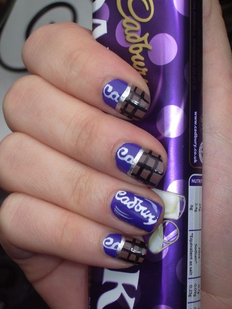 Cadbury manicure www.emilysnailfiles.blogspot.com Cadbury Chocolate Bars, Cadbury Milk Chocolate, British Chocolate, Food Nails, Purple Princess, Cadbury Chocolate, Chocolate World, Nail Art Salon, Nail Blog