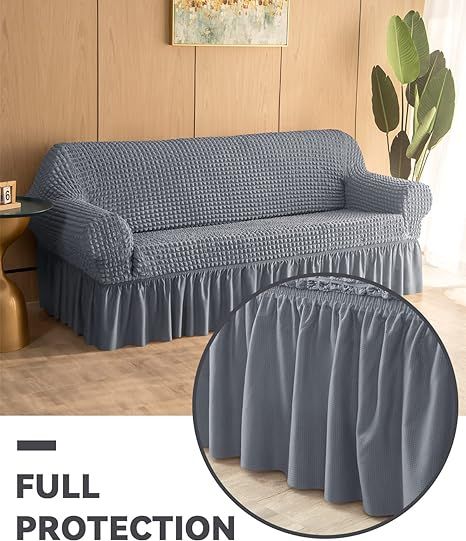 Great Fabric】 Made of 97% polyester and 3% spandex, not only does this slipcover machine-washable, but it would also dry in a short time. Stretchy and elastic, making sure the sofa cover is durable and long usable. 【Protect Your Furniture】Providing full protection, keep your couch away from daily stains including pet hairs, sweat, etc., prolonging the usage and it is perfect for family with children Sofa Gris, Long Couch, Cushion Couch, Recliner Cover, Sectional Slipcover, Seersucker Fabric, Slip Covers Couch, Uk Garden, Sofa Slipcover