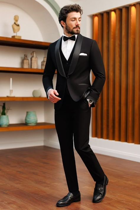 Black Formal Suits Men, Tuxedo For Men All Black, Black Suit Men For Wedding, Coats For Men Formal, Mens Suits For Reception, Black Coat Suit For Men, Black Tux For Wedding, Walima Men Suit, Black Tuxedo Suit For Men