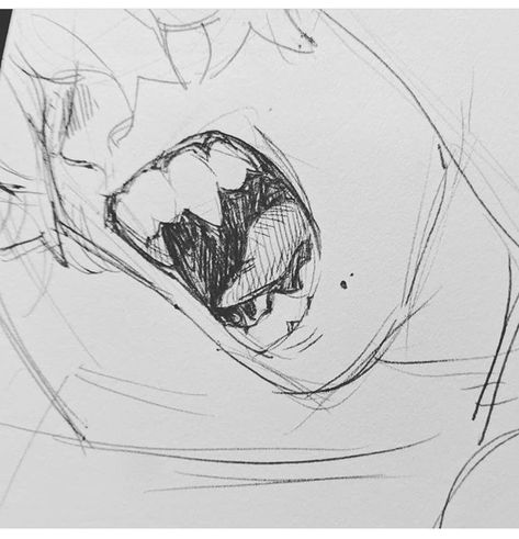 Teeth Bared Reference, Dislocated Jaw Drawing, Distressed Expression Reference, Baring Teeth Reference, Art Reference Mouth, How To Draw Fangs, Unhinged Jaw Drawing, Teeth Character Design, Biting Neck Drawing Reference