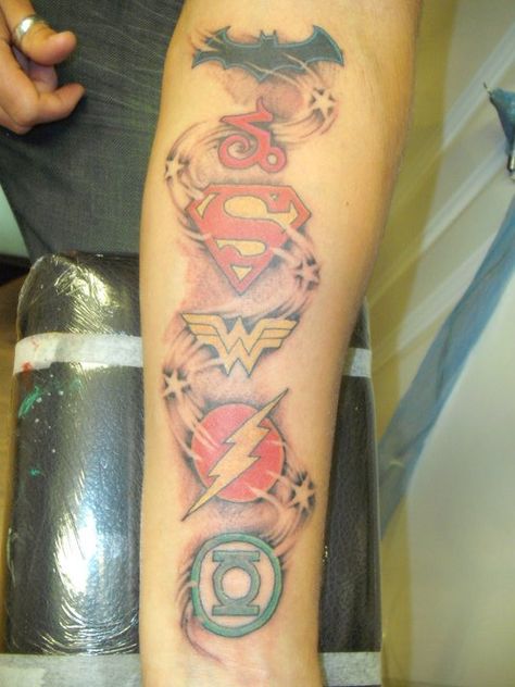 The third and final idea!!! Clayton loves the Justice League; as do I :D Justice League Symbols, Superhero Tattoos, Super Hero Tattoos, Superman Tattoo, Superman Tattoos, Symbols Tattoos, Dc Tattoo, Tatoo 3d, Hero Tattoo