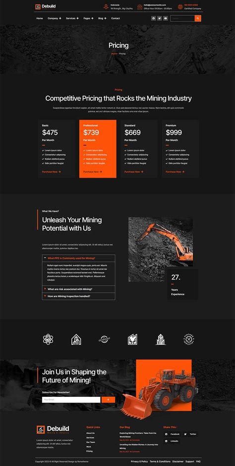 Debuild - Mining & Industry Elementor Pro Template Kit Industrial Web Design, Industrial Website Design, Company Website Design, About Us Page Design, Website Design Trends, Web Slinger, Web Design Websites, Mining Industry, Modern Website Design