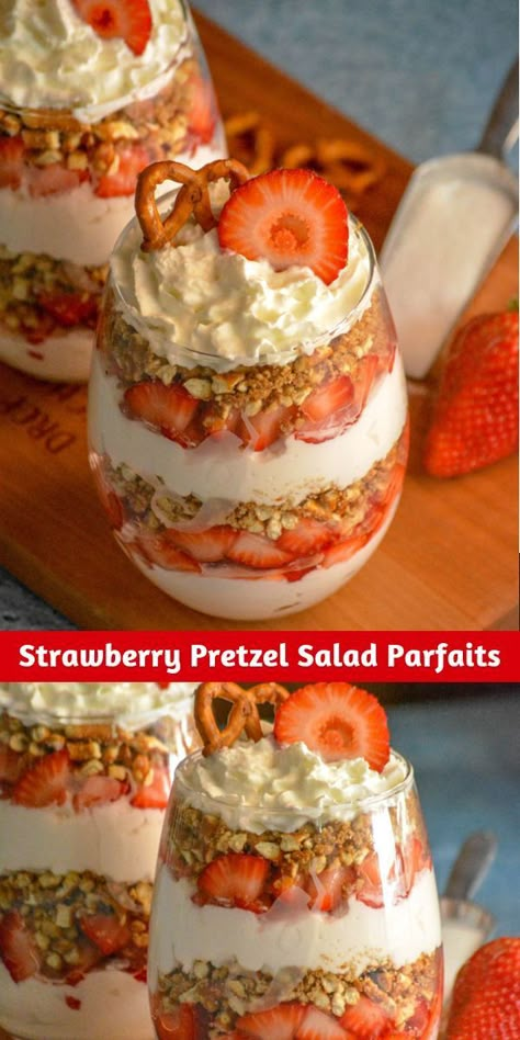 A stunning dessert, these Strawberry Pretzel Salad Parfaits put a creamy new spin on the classic strawberry pretzel salad. Featuring layers of flavor infused freshly whipped cream, buttery cinnamon pretzels, and ripe berries- it’s a dessert destined to impress. This post and recipe was created for #SummerDessertWeek! I was sent samples by some of the… Cinnamon Pretzels, Salad Kale, Dessert Mini, Strawberry Pretzel Salad, Pretzel Salad, Strawberry Pretzel, Dessert Aux Fruits, Fruit Salads, Strawberry Desserts