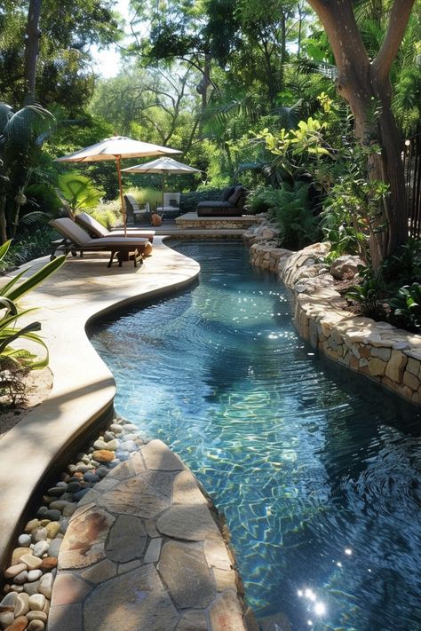 backyard-pool-ideas Cottage Pool Ideas, Natural Pool Aesthetic, Small In Ground Pools Backyard, Small Lazy River Pool Backyard, Outdoor Pools Backyard, Eco Pools Natural Swimming Ponds, Big Backyard With Pool, Country Pool Ideas, Yard Pool Ideas