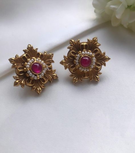 Gold Plated Silver Ear Studs From 'House of Taamara' • South India Jewels Small Jhumkas Gold, Studs Earrings Gold India, Jhumka Design, Small Earrings Gold, Gold Ring Designs, Gold Earrings Designs, Gold Necklace Designs, Finger Rings, South India