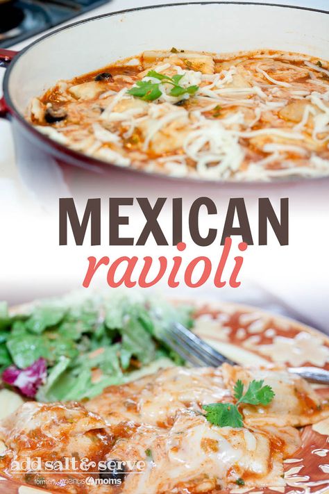 With only 5 ingredients, Mexican Ravioli is a stovetop recipe that is ready in 20 minutes. Vegetarians can substitute cheese ravioli, and the dish can be enhanced with any number of other ingredients like black beans, fire-roasted tomatoes, or corn that you may have on hand. #addsaltandserve #menus4moms #weeknightdinners #quickandeasy #mexicanravioli Mexican Italian Fusion, Taco Ravioli, Mexican Ravioli, Stovetop Meals, Mexican Lasagne, Mexican Ideas, Work Recipes, Pasta Meals, Homemade Enchiladas