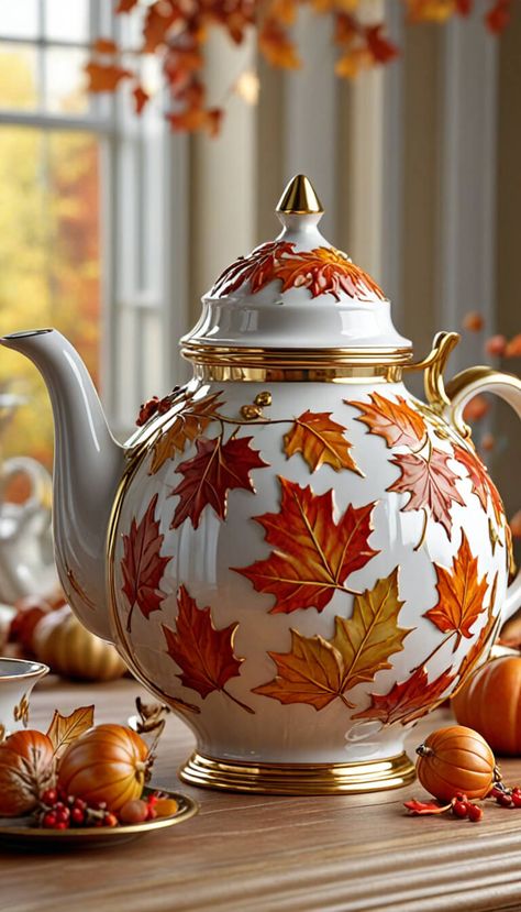 Porcelain Autumn teapot - AI creation English Tea Set, Crockery Design, Tea Chest, Autumn Tea, Autumn Decorating, English Tea, Mad Hatter Tea Party, Teapots And Cups, Antique Tea