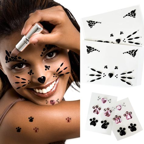 Crystal Cat Face Jewels, Pink Cat Print Gems, 2-Sheet Black Cat Eye Gems Sticker and 2-Sheet Fake Cat Lash Gems Tattoo Stick on Face for Women Kids Cat Halloween Makeup Gems Tattoo, Festival Face Gems, Festival Face Jewels, Cats Eye Gem, Cat Halloween Makeup, Face Tattoos For Women, Unique Small Tattoo, Gem Tattoo, Jewel Tattoo