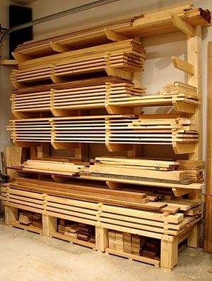 Wood racks this would keep my sculpture wood organized, also wonder if wd work for smaller canvas storage or drying rack Lumber Storage Rack, Timber Storage, Lumber Rack, Lumber Storage, Diy Platform Bed, Woodworking Shop Layout, The Family Handyman, Into The Wood, Wood Rack