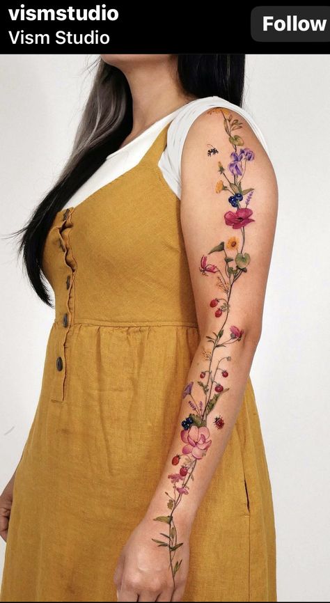 Garden Shoulder Tattoo, Colorful Flower Sleeve Tattoos For Women, Full Arm Flower Tattoo, Oncology Tattoo, Flower Upper Arm Tattoo, Full Color Sleeve, Dainty Floral Tattoo, Floral Bee Tattoo, Flower Vine Tattoos